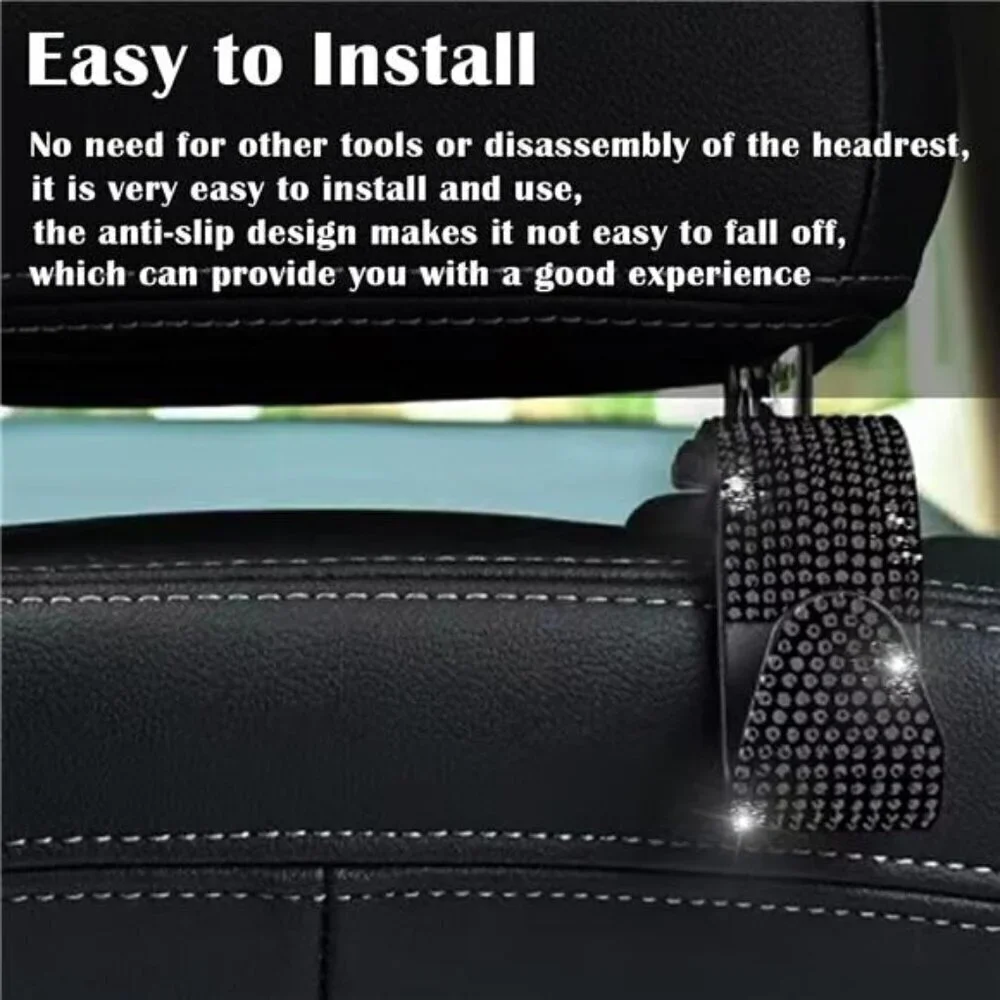 Bling Car Seat Hooks Black (2 Pack) Bling Rhinestones Crystal Hanger Organizer